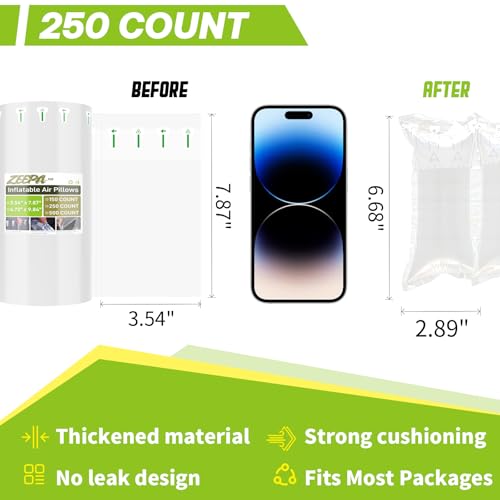 250 Count Packing Air Pillows for Shipping with Pump Inflatable Shipping Supplies Box Filler Alternative to Packing Peanuts Size 3.54" x 7.87" - color: 3.54" x 7.87", size: 250 Count