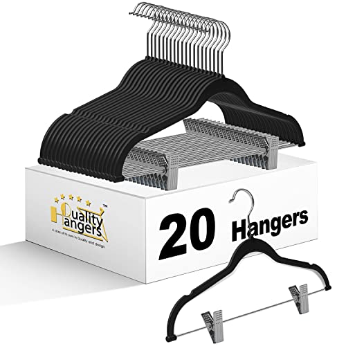 Quality Plastic 20-Pack - Non Velvet Non-Flocked Thin Compact Coat Hangers with Metal Clips for Skirts Pants Blouses - 360° Swivel Hook (Black, 20) - color: Black