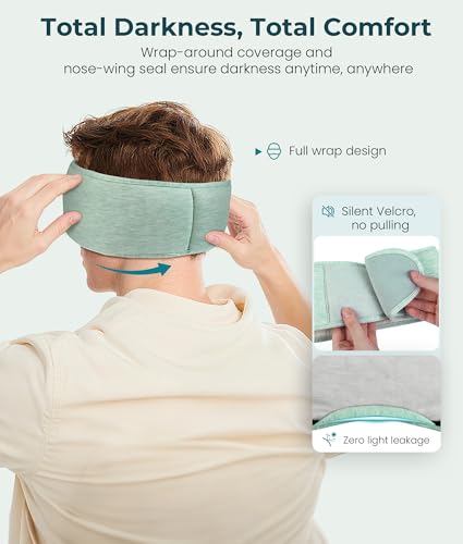 MUSICOZY Bluetooth 5.4 Sleep Headphones Eye Mask with Seaweed Fiber Cotton, Ultra Soft Fully Wrapped Sleep Mask with Headphones for Side Sleepers, 14 Hours Playtime, Gifts for Men Women - color: Light Green