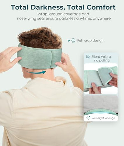 MUSICOZY Bluetooth 5.4 Sleep Headphones Eye Mask with Seaweed Fiber Cotton, Ultra Soft Fully Wrapped Sleep Mask with Headphones for Side Sleepers, 14 Hours Playtime, Gifts for Men Women - color: Light Green