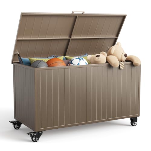 Outdoor Storage Box with Wheels 150 Gallon, Mobile Aluminum Deck Boxes Outdoor Waterproof, UV Resistant Patio Storage Box with Lid for Patio Furniture, Garden Tools, Outdoor Cushion (Brown) - color: Brown, size: 150 Gallon