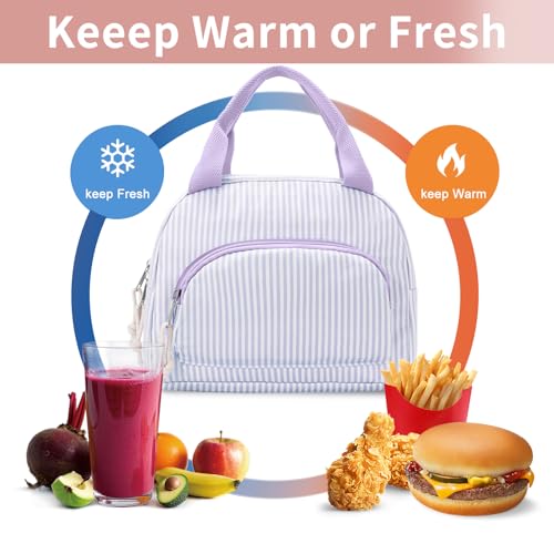 Lunch Bag Women Lunch Box for Women Adult Cute Insulated Lunch Bag Small Cooler Lunch Tote Bags for Work Picnic Travel (Purple Stripes) - color: Purple Stripes