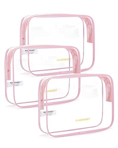 BAGSMART Clear Toiletry Bag, 3 Pack TSA Approved Travel Toiletry bag Carry on Travel Accessories Bag Airport Airline Quart Size Bags Water Repellent Makeup Cosmetic Bag for Women (Pink-3pcs) - color: Candy Pink, size: 3 Pack, Medium