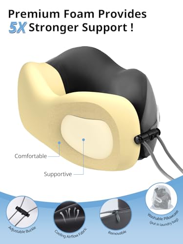 Inspireyes Neck Pillow, Travel Pillow with Seat Strap, 3D Sleep Mask, Dual Support Neck and Head, High Supportive Foam Airplane Pillow for Long Flight Road Trip, Stop Bobblehead Travel Essential, Grey - color: Grey