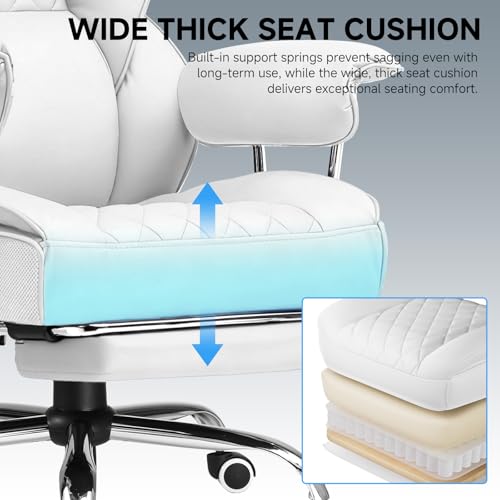 GTPLAYER Gaming Chair,Office Chair with Pocket Spring Lumbar Support, Ergonomic Comfortable Wide Office Desk Computer Chair with Outward Fixed Soft Armrests and Footrest,(PU Leather, White) - color: White