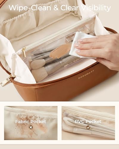 BAGSMART Makeup Bag Travel Cosmetic Bag, Large Make Up Bag Flat Open Toiletry Bag for Women, Waterproof PU Leather Travel Essentials Organizer Case, Wide-open Pouch Purse for Skincare, Brushes, Camel - color: 05- Camel