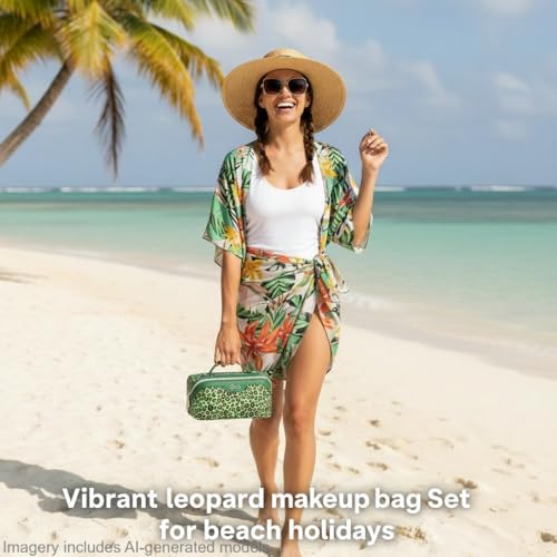 BOYATU Travel Makeup Bag Organizer: 3 Pcs Set Leopard Make up Bag for Women | Vegan Leather Cosmetic Bags with Compartments - Waterproof Toiletry Bag - 180° Open-Flat Make up Case for 3-15 Day Trips - color: 09-Green