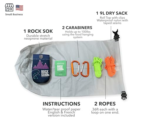 Ultralight Bear Bag Food Hanging System for Camping & Hiking - Waterproof Food Bag with Easy 2-to-1 Pulley, Paracord Ropes, Rock Sok, Carabiners & Instructions