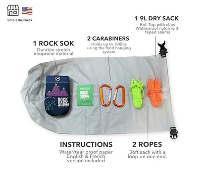 Ultralight Bear Bag Food Hanging System for Camping & Hiking - Waterproof Food Bag with Easy 2-to-1 Pulley, Paracord Ropes, Rock Sok, Carabiners & Instructions