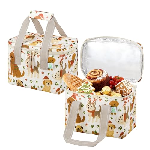 VENO 2 Pack Insulated Lunch Bag for Women Men, Reusable Lunch Box Grocery Shopping Bag Small Cooler with Handles Zippers for Work Office Picnic Beach (Holiday Pups) - color: Holiday Pups, size: Lunch Bag - 2 Pack