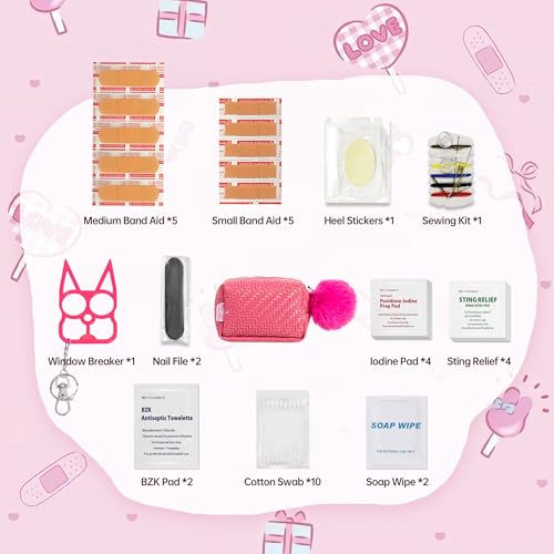 Kitgo Mini First Aid Emergency Clutch Kit -Mother Day Gift Compact Safety Pouch Party Bag with 27 Essential Items for Girl Lady Mother Wife Nurse for Girl Lady Mother Wife Nurse - color: Rose Red