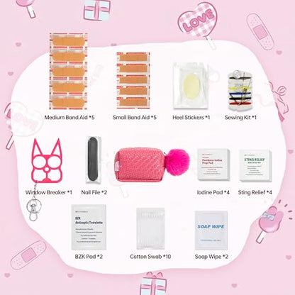 Kitgo Mini First Aid Emergency Clutch Kit -Mother Day Gift Compact Safety Pouch Party Bag with 27 Essential Items for Girl Lady Mother Wife Nurse for Girl Lady Mother Wife Nurse - color: Rose Red