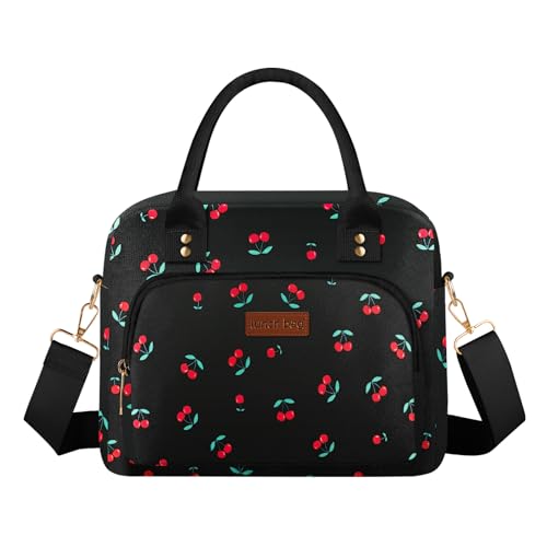 Lunch Bag Large Insulated Lunch Box for Women Men Adult Cute Cherry Lunchbox Lunch Bags Boxes Pail with Shoulder Strap for Work Mom Picnic Office Travel 11.4×6.8×9.1 inches 11.5L Black - color: Black Cherry