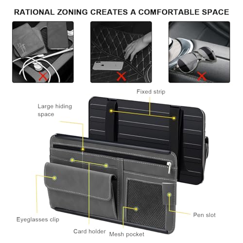 Car Sun Visor Organizer, Leather Sun Visor Pocket Organizer Case with Multi-Pocket Net Zipper, Suede Note Holder Car Visor Storage Pouch for Card Pen Sunglasses Document (Blue) - color: Blue