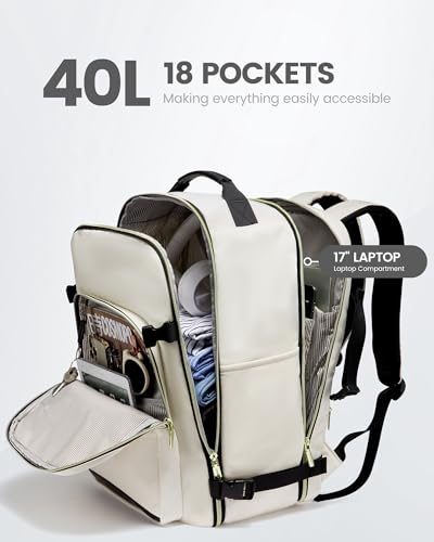 LOVEVOOK Travel Backpack for Women & Men 40L,Airline Approved Carry On Backpack Travel Essentials,TSA Carry on Luggage,Waterproof Personal Item Travel Bag,Suitcase with 3 Packing Cubes,Beige-Black - color: Beige-black, size: Large-40L-4Pcs