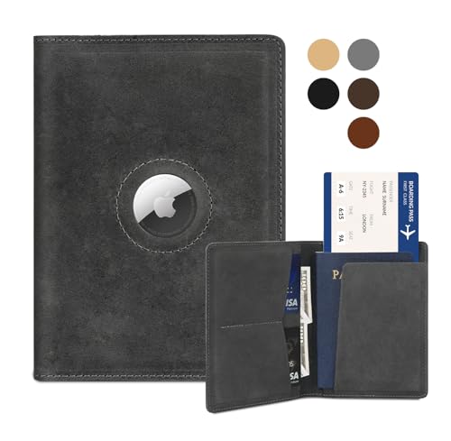 Airtag Passport Holder for Men and Women Travel, Real Leather Passport Wallet, Handmade Passport Cover Case with Airtag Slot, Travel Must Haves Essentials Accessories Birthday Gifts(Crazy Horse, Gray) - color: Gray