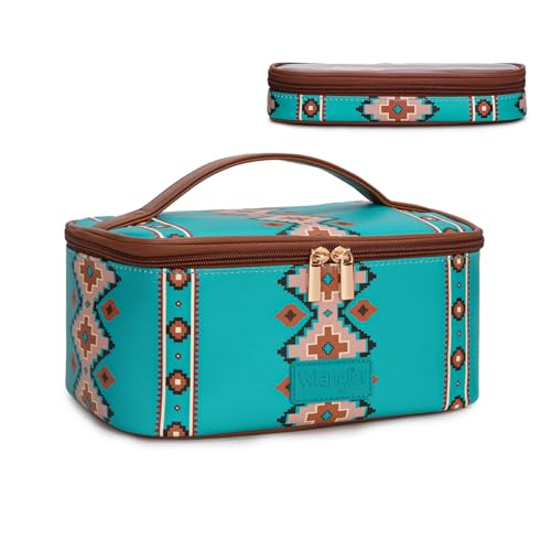 Montana West X Wrangler Travel Makeup Bag 2pcs Set Large Cosmetic Bag with Makeup Brush Holder Portable Make Up Organizer Cute Toiletry Bag with Divider and Handle for Women Aztec - color: Turquoise