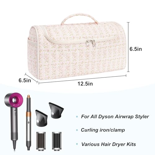 Quilted Hair Tools Travel Bag, Cute Portable Organizer Case with Hanging Hook, Compatible with Dyson Airwrap Styler,Hair Curler Accessories - color: Lucky Flower