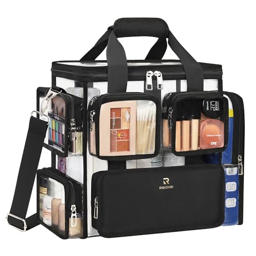 Relavel Large Clear Makeup Bags, Professional Makeup Artist Kit Set Bag with Removable Dividers, Travel Cosmetic Organizer Hairstylist Traveling Bag Transparent PVC Work Tote Bag Duffle Bag for Women - color: clear with front pockets
