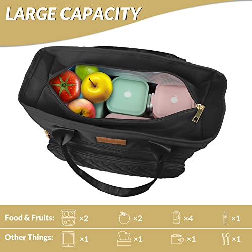 EASYA Large Insulated Lunch Bag for Work, Women's Nylon Thermal Lunch Box, Leakproof Cooler Tote Bag with Storage Pocket (Black) - color: Newly upgraded Noir Black