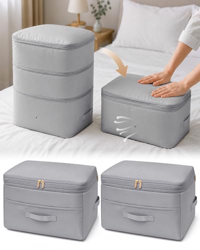 Ultra Space Saving Self Compression Organizers, 2 Pack Double Zipper Compression Packing Cubes for Bedding, Comforter Storage Bag for Blankets Duvet Quilts Pillows Queen King (Gray, X-Large) - color: Gray, size: 2 Pack (X-Large)