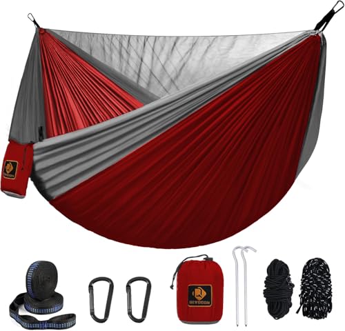 Camping Hammock, Portable Hammocks with Mosquito Net,Lightweight Nylon Parachute Hammock with 10ft Tree Straps,Camping Gear Must Haves for Travel Hiking Backpacking Beach Patio-Red&Grey - color: Red&grey, size: Large