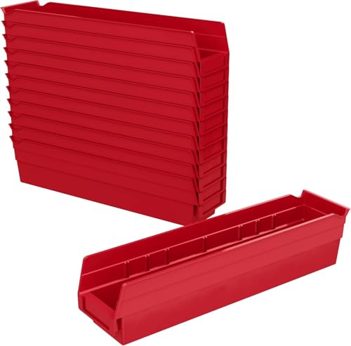 Akro-Mils 30128 Plastic Shelf Bins, Heavy Duty Storage Bins for Garage, Closet, and Drawer Organization, 18-Inch x 4-Inch x 4-Inch, Red, 12-Pack - color: Red