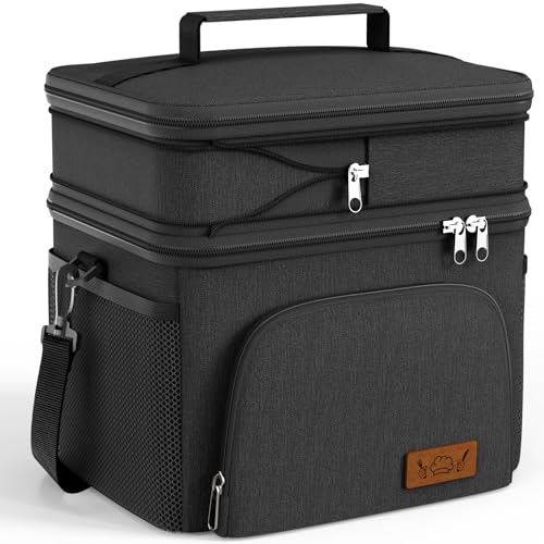 HOTOR Insulated Lunch Box for Men & Women - Leak-Proof Cooler Lunch Bag with 4 Pockets, Adjustable Strap, Ideal for Work, Picnic, Travel - Black, 2 Layers, Medium, 10.24"×7.09"×11.81" - color: Black, size: 14l - 2 Tier