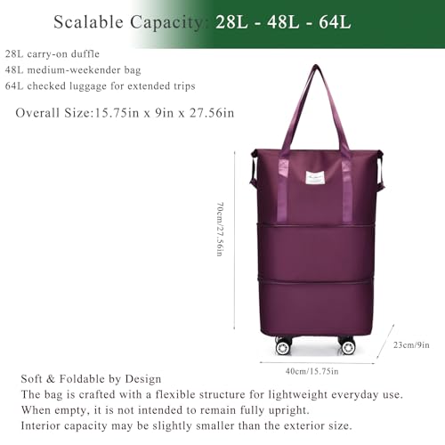 Expandable Foldable Duffel Bag with Detachable Wheels, 64L Large Capacity Rolling Travel Duffle Bag, Lightweight Carry on Luggage with Spinner Wheels, Weekend Gym Tote Bag (Deep Purple) - color: Deep Purple