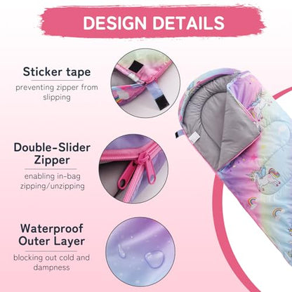 tuphen Kids Sleeping Bag - 50-77℉ 3-Season Waterproof Sleeping Bag for Boys & Girls, Lightweight 2.2 lbs Camping Gear with Compression Bag Ideal for Camping, Hiking, Indoor - color: Purple