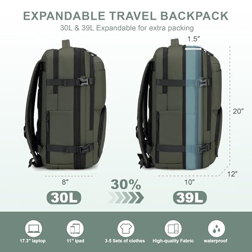 BAGOK Carry On Travel Backpack, 35L-40L Expandable Extra Large Airline Approved,Lightweight Daypack for Men and Women（Green） - color: Green, size: Large