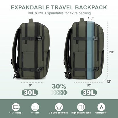 BAGOK Carry On Travel Backpack, 35L-40L Expandable Extra Large Airline Approved,Lightweight Daypack for Men and Women（Green） - color: Green, size: Large