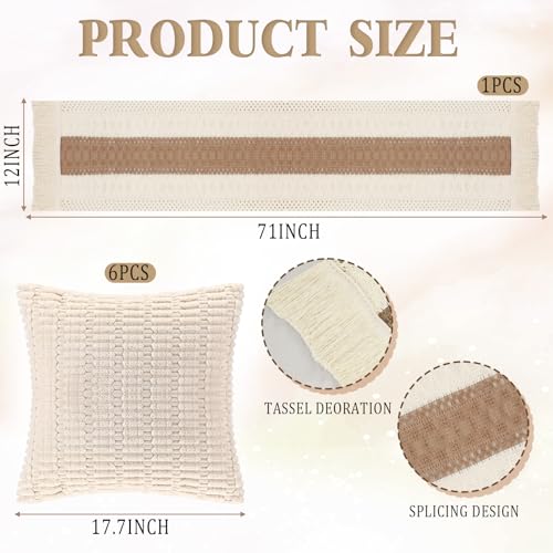9 Pcs Extra Large Outdoor Boho Picnic Blanket 91'' x 71'' Folding Camping Table Beige White Table Runner 6 Throw Pillow with Pillow Cores Woven Cotton Yarn for Camping Garden Beach Wedding