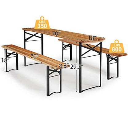 AVAWING 5.8FT 3-Piece Portable Picnic Table Bench Set, 6-8 Person Folding Wooden Dining Table Set，70" Patio Beer Table for Outdoor Activities Garden BBQs Parties Camping