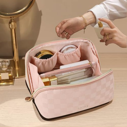 Prite Makeup Bag for Women Travel Waterproof Vegan Leather Cosmetic Bag Open Flat Toiletry Bag With Clear Divider and Handle (Plaid Pink, Medium) - color: Plaid Pink, size: Medium