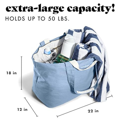 Fit & Fresh XL Beach Tote Bag for Women – XL Travel Tote with Zipper & Pockets, Oversized Canvas Pool Bag, Weekender Carry-On - color: Denim Blue