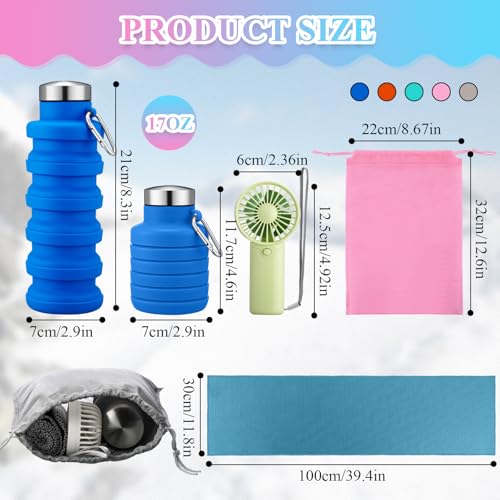 10 Set Theme Park Necessities Cruise Ship Accessory Kit Collapsible Water Bottle Cooling Towel Fan Drawstring Bag for Summer Amusement Park Outdoor Team Travel Cruise Gifts Fitness Sport Favor