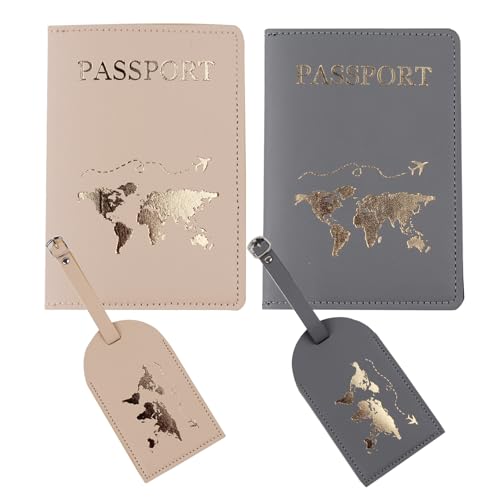 Mr and mrs passport covers and luggage tags gift,Slim Waterproof Passport Case,couple passport holderort Wallets Travel Holder Set,Honeymoon Gift,Couple Travel Luggage Tags,Wedding Bridal - color: Gray and Khaki-map