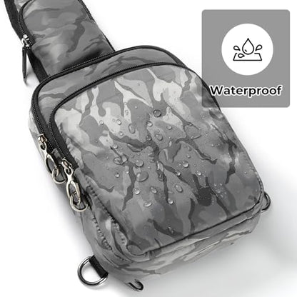 BROADREAM Sling Bag, Crossbody Bag with Anti-Theft Lock Zipper, RFID Blocking & Water Resistant for Travel Work Sport - color: Camouflage Gray