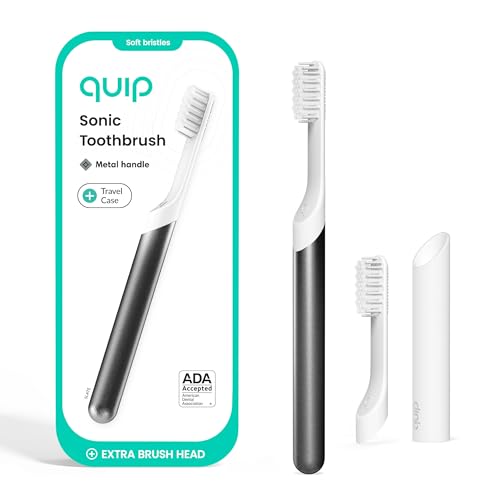 Quip Sonic Toothbrush for Adults with Timer - Includes Extra Brush Head and Travel Cover Mount - Electric, Soft Bristle Refill Head, Metal Handle, 3 Month Battery Life - Travel Toothbrush - Slate - color: Slate