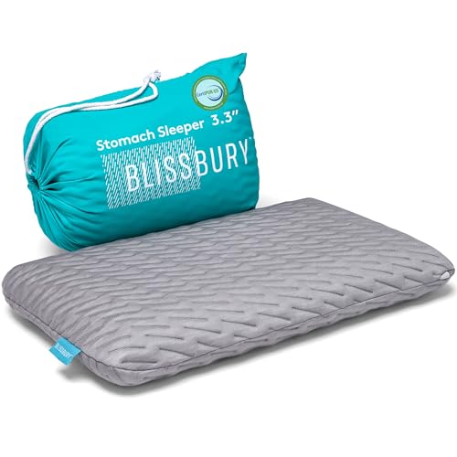 BLISSBURY Stomach Sleeping Pillow - Thin Memory Foam Pillow for Stomach Sleepers | Ultra Thin Pillow for Sleeping | Flat & Slim to Allow for Comfort | 3.3 Inch Thickness - color: Gray, size: 3.3"H (Queen)