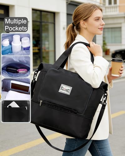 Foldable Travel Duffel Bag for Women, Black, Nylon | 40L Expandable, Carry on Bag Personal Item Flight Approved, Lightweight Water Resistant, Overnight Weekender Bag - color: Black