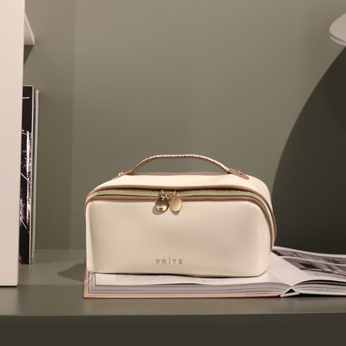 Prite Makeup Bag for Women Travel Waterproof Vegan Leather Cosmetic Bag Open Flat Toiletry Bag With Clear Divider and Handle (Beige, Medium) - color: Beige, size: Medium