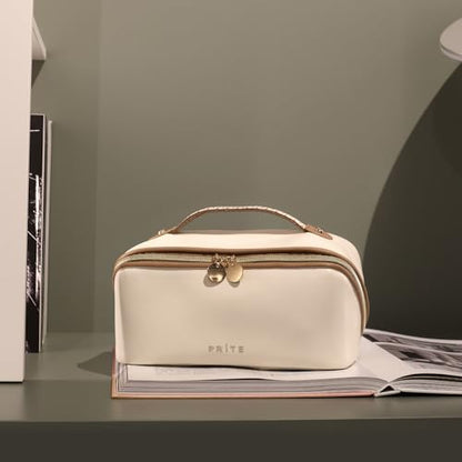 Prite Makeup Bag for Women Travel Waterproof Vegan Leather Cosmetic Bag Open Flat Toiletry Bag With Clear Divider and Handle (Beige, Large) - color: Beige, size: Large