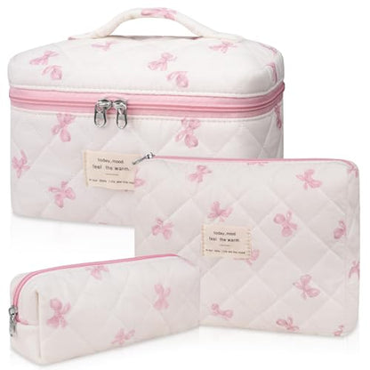 Gosect 3PC Makeup Bag Set, Quilted Makeup Bag Set, Large Floral Cosmetic Bag for Women, Cute Cotton Makeup Bags, Flower Travel Toiletry Organizer Bag (White Pink Bow Tie) - color: White Pink Bow Tie