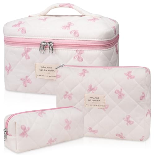 Gosect 3PC Makeup Bag Set, Quilted Makeup Bag Set, Large Floral Cosmetic Bag for Women, Cute Cotton Makeup Bags, Flower Travel Toiletry Organizer Bag (White Pink Bow Tie) - color: White Pink Bow Tie