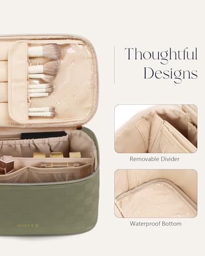 Prite Makeup Bag, Large Capacity Cosmetic Bag for Women and Girls, Waterproof PU Leather Travel Case with Handle, Divider for Skincare and Brushes - Checkered Green - color: Checkered Green