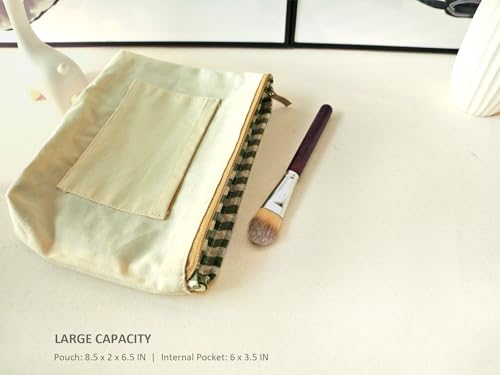 HAPPYHEIDI Large Cute Green Checker Makeup Bag with Compartment Cosmetic Travel Pouch, Nylon Fabric, Purse Organizer, Canvas Lined, Beige Plaid - color: 001 SX427 Green Gingham Canvas
