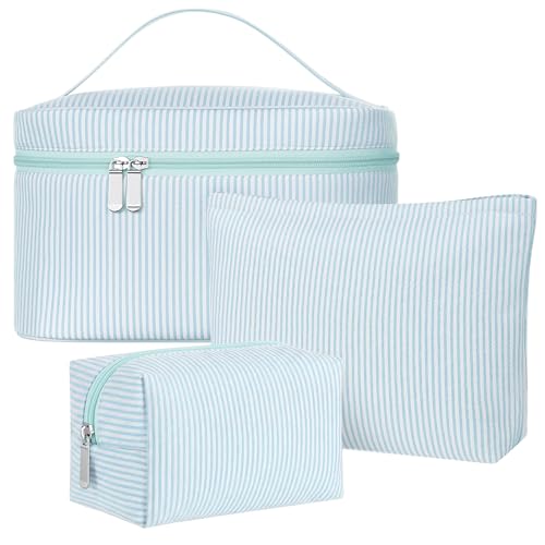 Huhumy 3 Pieces Makeup Bag Set for Women Cute Seersucker Cosmetic Pouch Travel Toiletry Bag Preppy Small Makeup Purse Pouch Aesthetic Skincare Brushes Storage Organizer for Women(Light Blue) - color: light blue