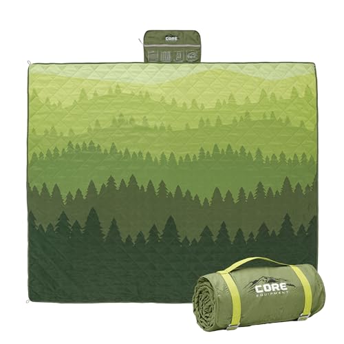 CORE Outdoor Weighted Blanket | Packable Waterproof Picnic Blanket, Beach Mat, Tent Camping Rug, & Stadium Blanket | Large Portable 94" x 78" Quilt Design with Built-in Straps and Carry Handle - color: Evergreen Vista